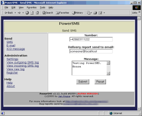 PowerSMS main screen in Microsoft Internet Explorer 5